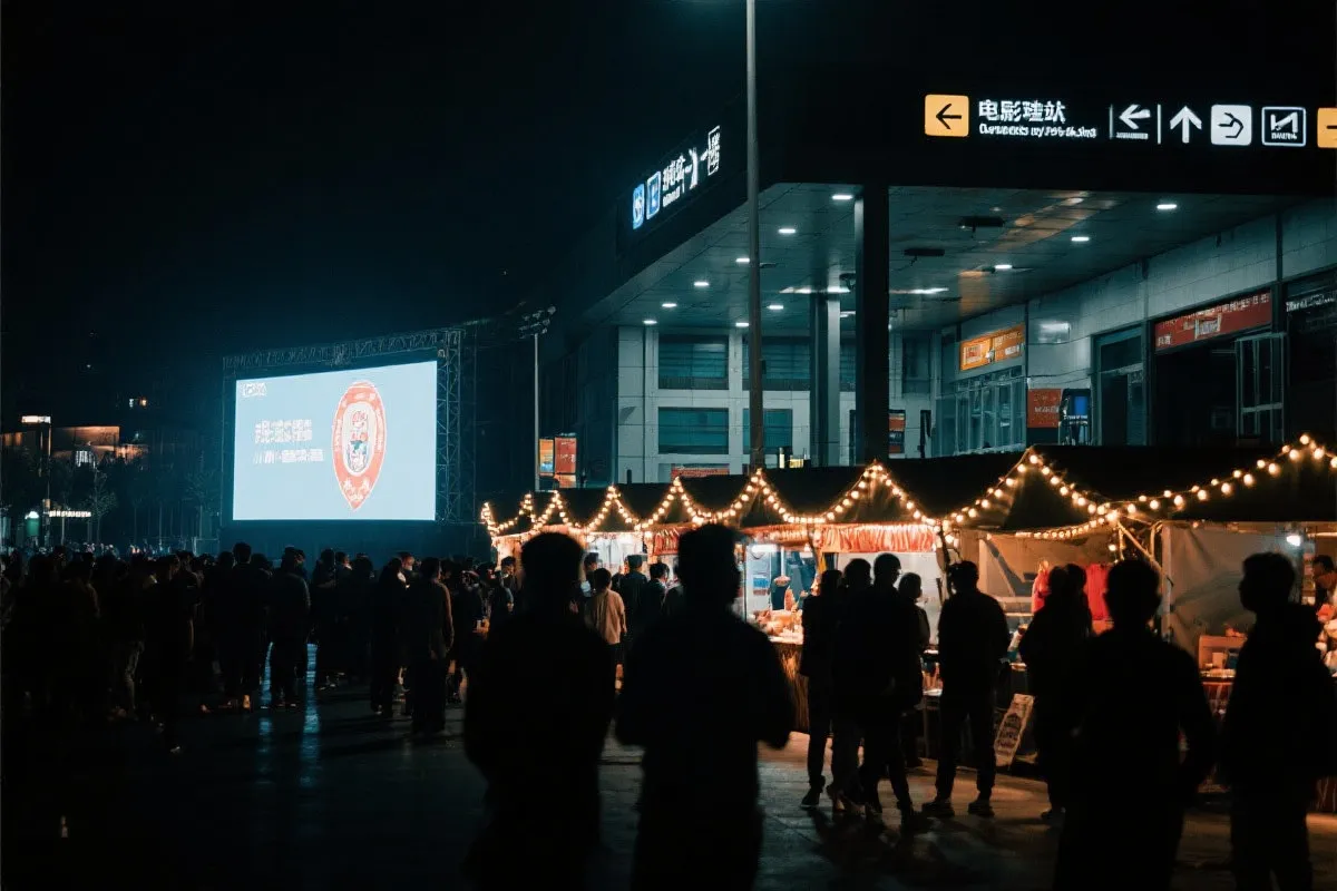 费城球迷广场夜景：大屏观赛人群、步行指示牌与公共交通入口